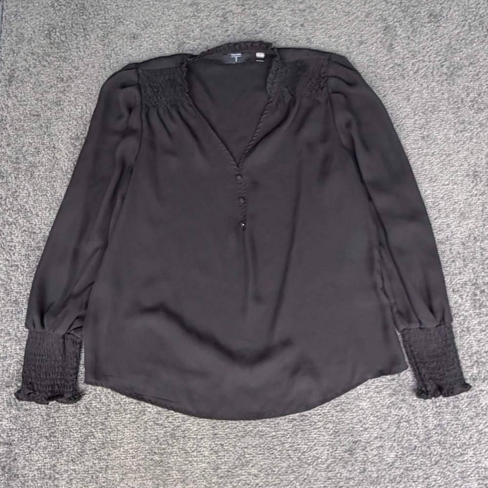 Tahari‎ T Womens Black Smocked Ruffle V-Neck Long Sleeve Blouse Top Small